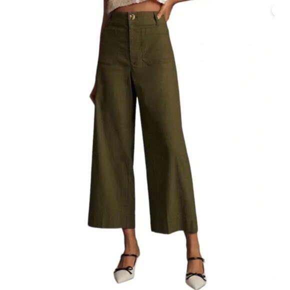 Maeve/Anthropologie The Colette Cropped Wide-Leg Pants | Holly/Dk Grn | Size 31T - Picture 1 of 6